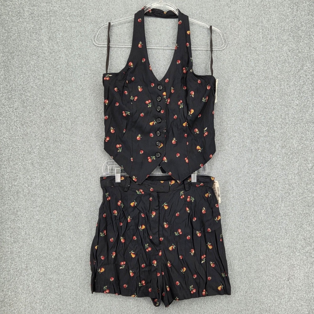 VTG NEW Deadstock GSL 13 Halter Vest Top & Short Set Fruit AOP Black USA Y2K 90s